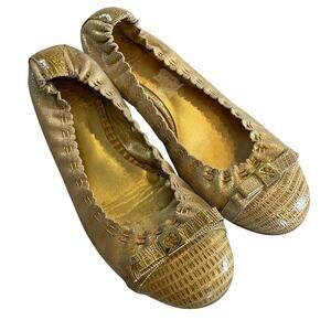 Tory Burch Romy Tan & Gold Cap Toe Leather Ballet Flats Shoes SZ 7.5 Classic EUC